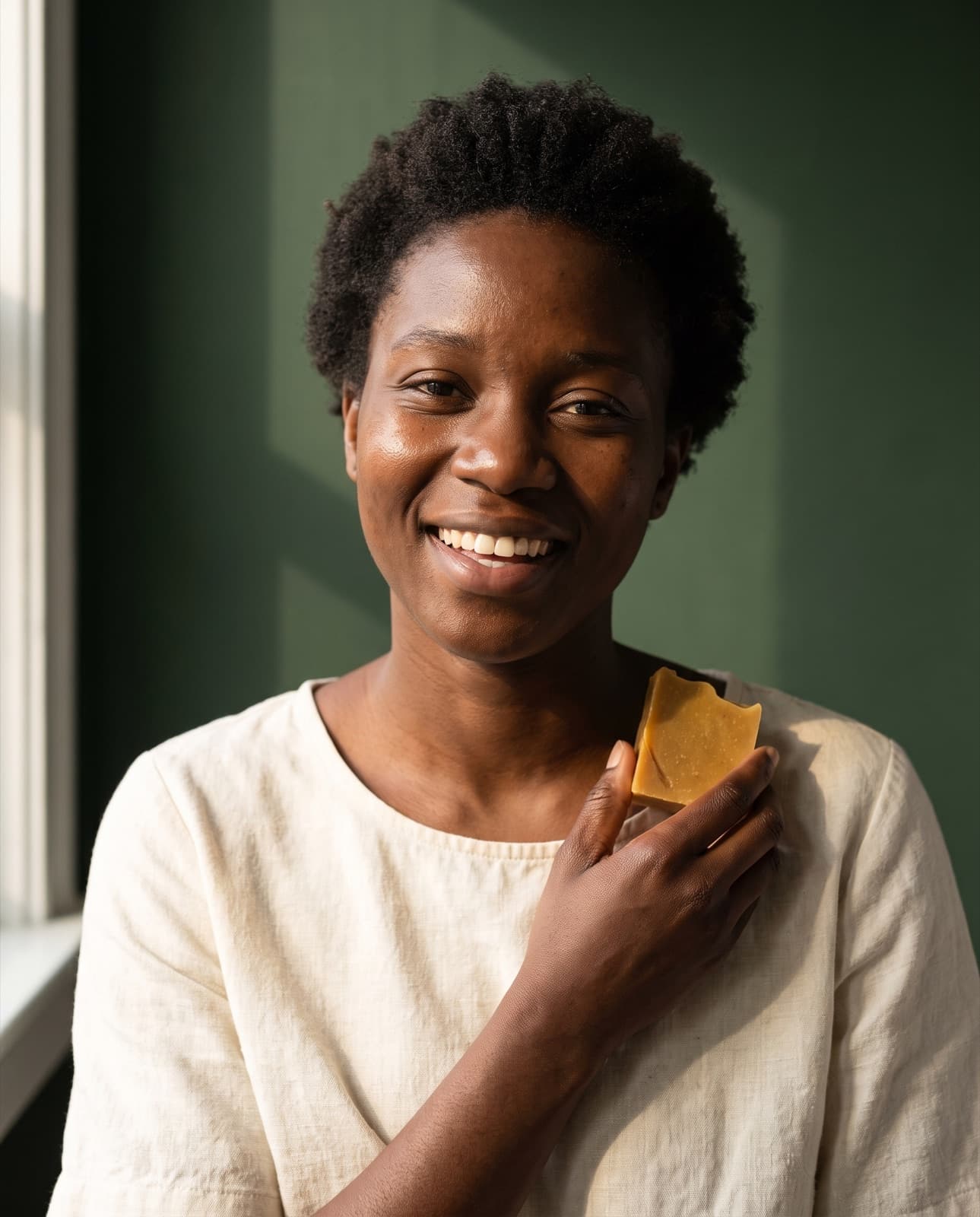 A woman holding the bar, smiling, bare skin
