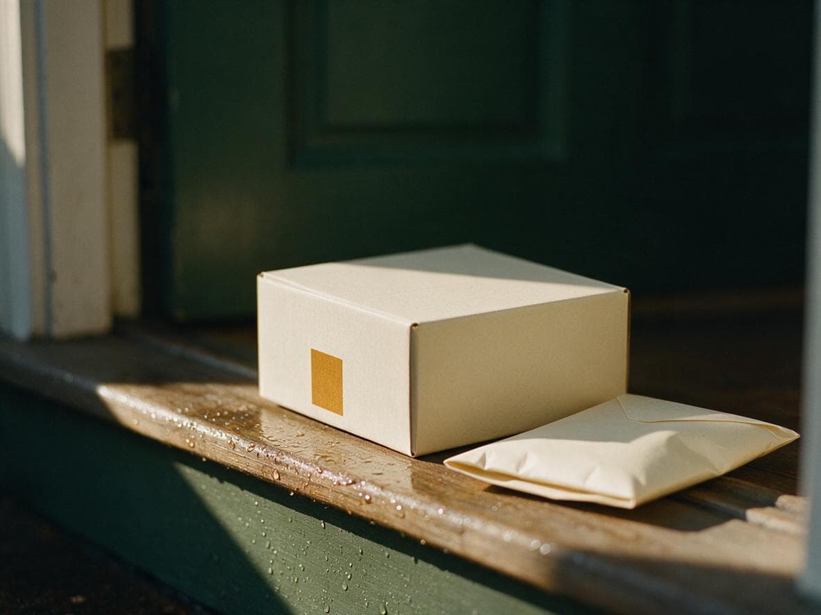 A plain cream box on a wooden doorstep in morning light