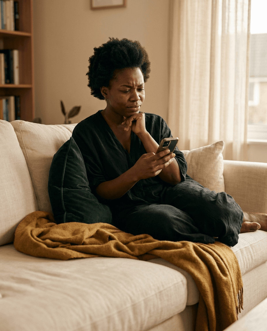A woman on a sofa reading her phone with a sceptical expression