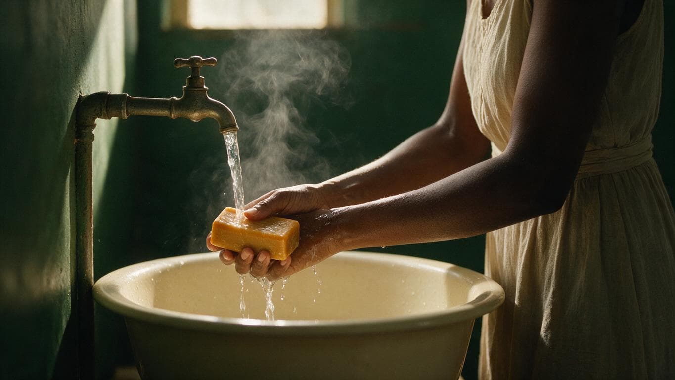 A bar held under a running tap, steam rising into window light