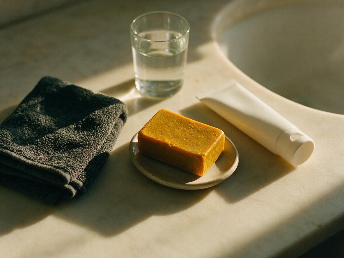 The bar, a dark cloth, sunscreen and a glass of water laid out beside a basin
