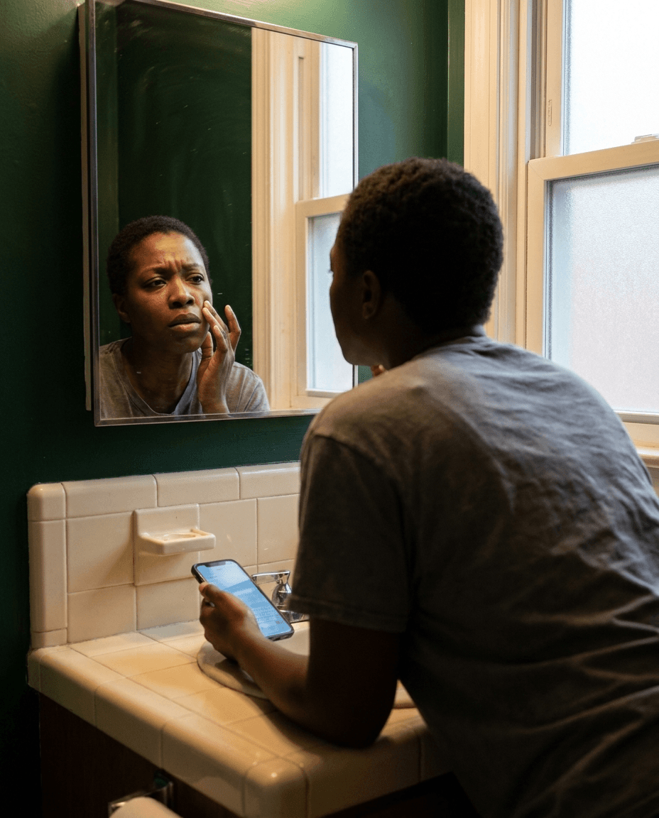 A woman at a dim bathroom mirror at seven in the morning, checking her cheek by the light of her phone