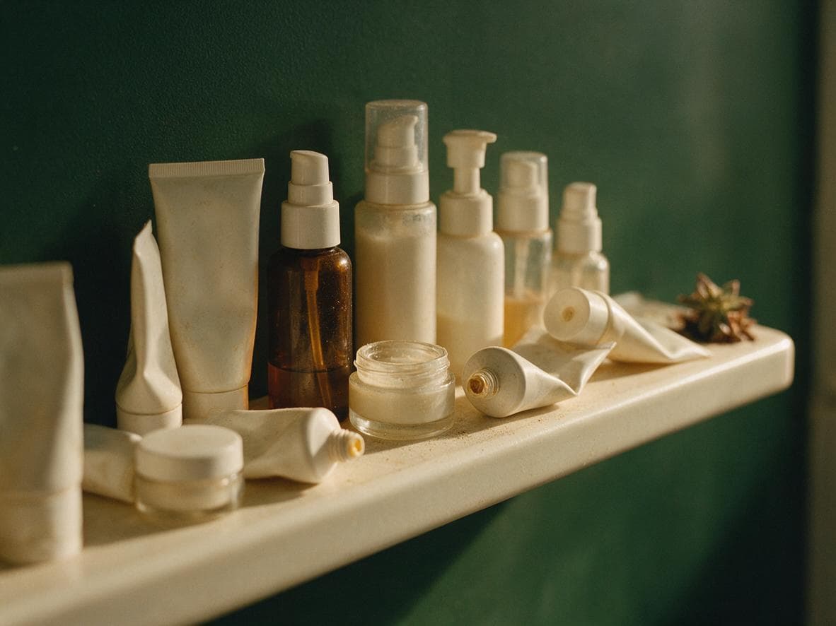 A bathroom shelf crowded with half-used, unlabelled tubes and jars