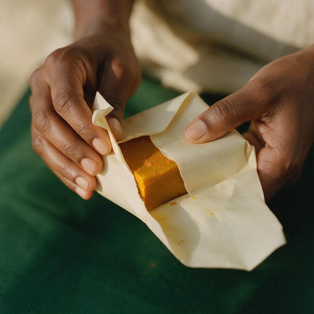 Hands tearing open the cream paper wrapper to reveal the bar